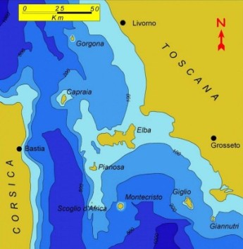 Carta batimetrica schematica dell'Arcipelago Toscano. Con intensit crescente sono indicate le batimetrie maggiori